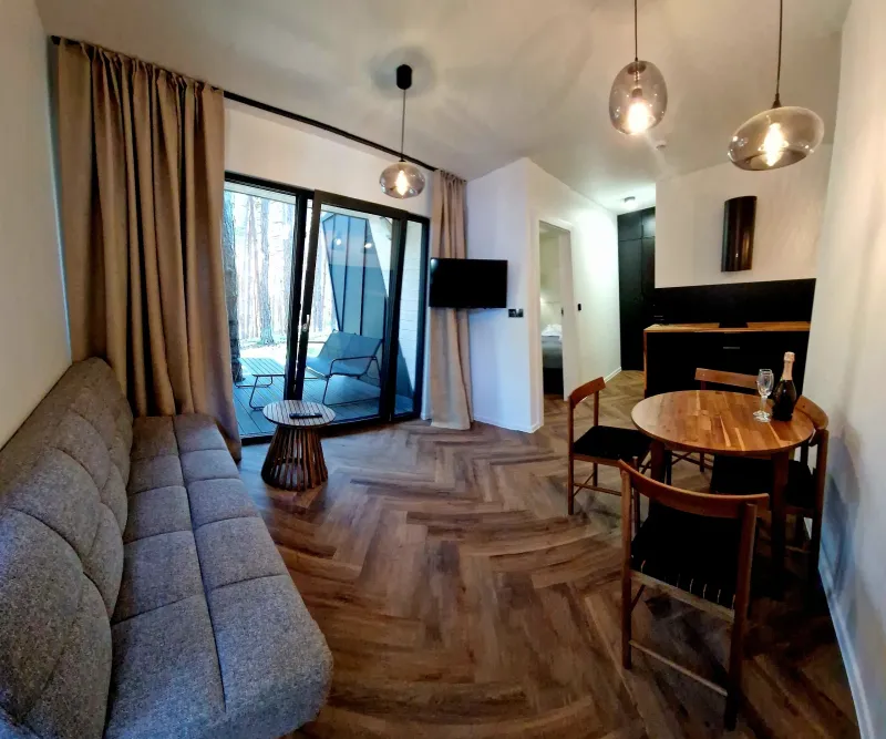 Salon z aneksem kuchennym, wyposażony w rozkładaną sofę, stół jadalniany oraz telewizor